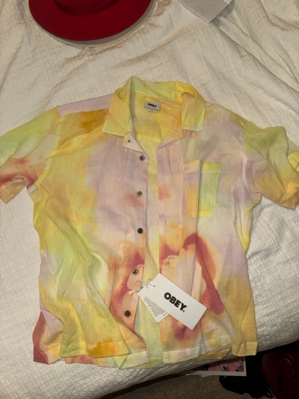 Obey Pastel Tie-Dye Short Sleeve Button-Up - Yellow Pink Green